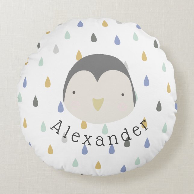 Customisable Name Cute Penguin Round Cushion (Front)