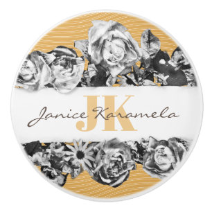 Customisable Name Gold Roses Chic Monogram Luxury Ceramic Knob