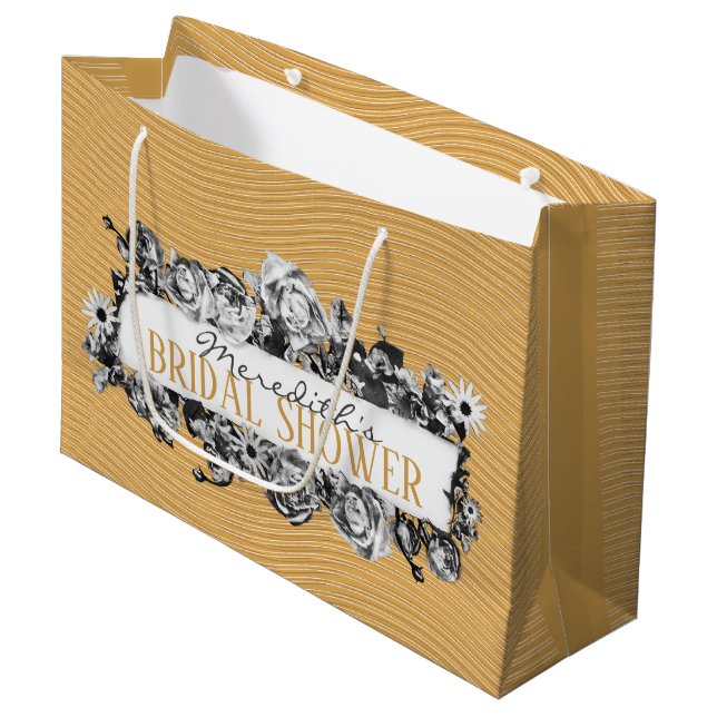 Customisable Name Gold Roses Chic Monogram Luxury Large Gift Bag (Front Angled)