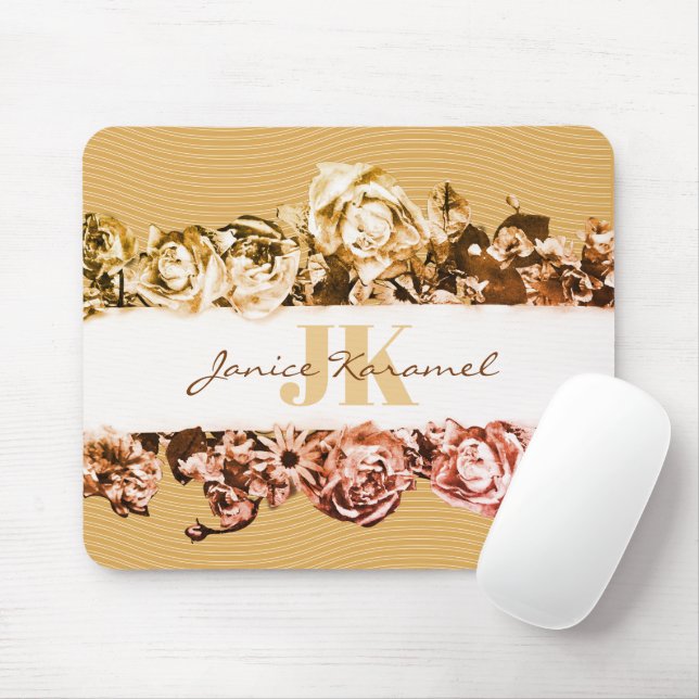 Customisable Name Gold Roses Chic Monogram Luxury Mouse Pad (With Mouse)