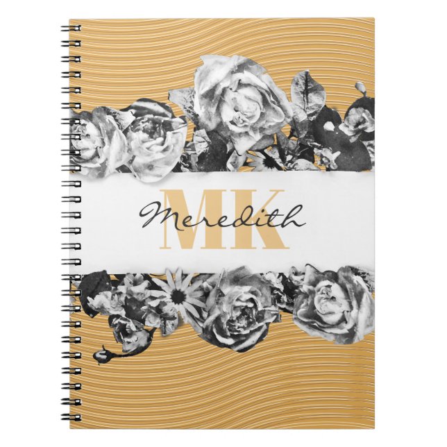Customisable Name Gold Roses Chic Monogram Luxury Notebook (Front)