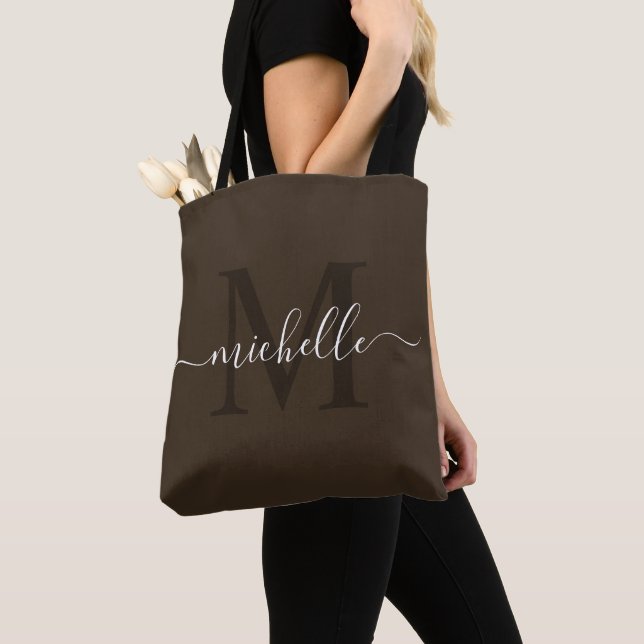 Customisable Name & Initial Dark and Deep Brown Tote Bag (Close Up)