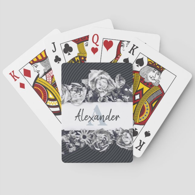 Customisable Name Navy Roses Stylish Chic Monogram Playing Cards (Back)