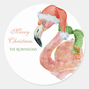 Customisable Name Pink Christmas Santa Flamingo  Classic Round Sticker