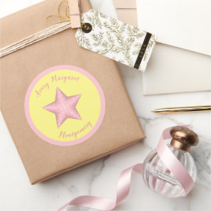 Customisable Name Pink Polka Dot 3D Star Classic Round Sticker