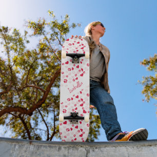Customisable Name Pink & Red Heart and Cat Pattern Skateboard