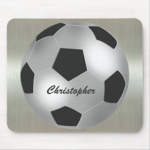 Customisable Name Silver Soccer Ball Mouse Pad