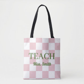 Customisable Name Teach Tote Cute Pink Chequered Bag