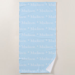 Customisable name, text, light blue white beach towel