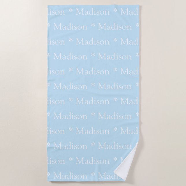 Customisable name, text, light blue white beach towel (Front)