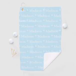 Customisable name, text, light blue white golf towel