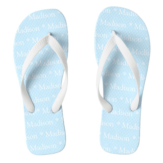 Customisable name, text, light blue white jandals (Footbed)
