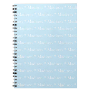 Customisable name, text, light blue white notebook