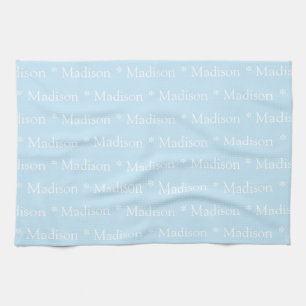 Customisable name text light blue white tea towel