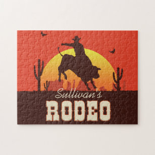 Customisable NAME Western Cowboy Bull Rider Rodeo Jigsaw Puzzle
