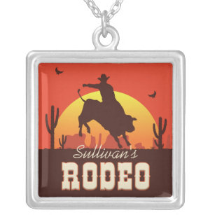 Customisable NAME Western Cowboy Bull Rider Rodeo Silver Plated Necklace