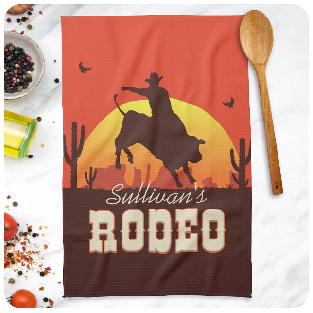 Customisable NAME Western Cowboy Bull Rider Rodeo Tea Towel (Creator Uploaded)