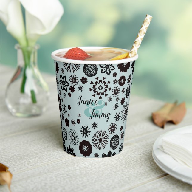 Customisable Names Cute Sage Green Floral Pattern Paper Cups (Insitu)