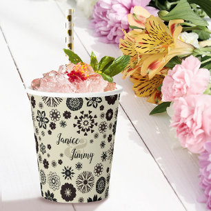 Customisable Names Cute Taupe Black Floral Pattern Paper Cups