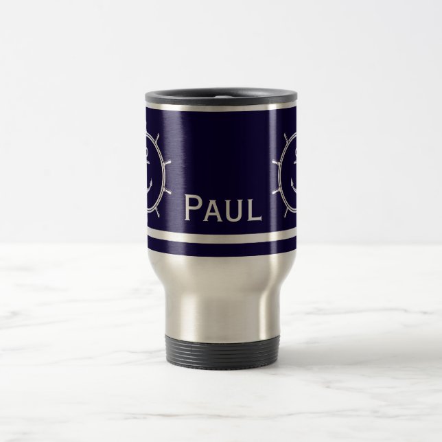 Customisable Nautical Anchor and Wheel Monogram Travel Mug (Center)