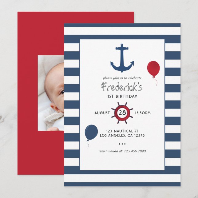 Customisable Nautical Birthday Party Photo Invitation (Front/Back)