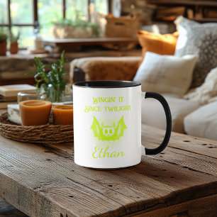 Customisable Neon Halloween Mug - Green Bat Design