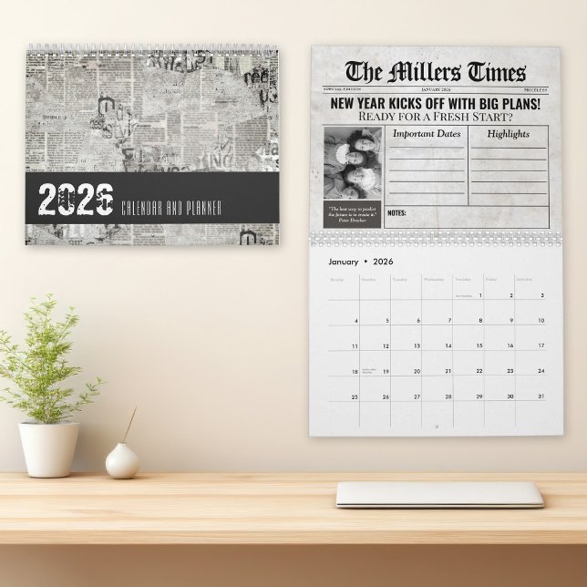 Customisable Newspaper Themed Calendar and Planner (Custom Newspaper Calendar, Family Breaking News 2026 Calendar Template Personalized Unique Calendar)