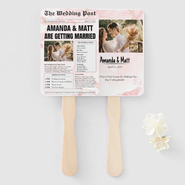 Customisable Newspaper Wedding Program Fans (Front and Back)