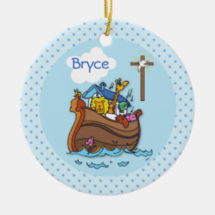 Customisable Noah’s Ark Baby Baptism, Boy Blue Ceramic Tree Decoration