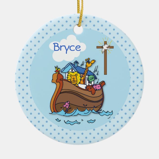 Customisable Noah’s Ark Baby Baptism, Boy Blue Ceramic Tree Decoration (Front)