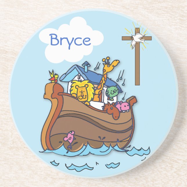Customisable Noah’s Ark Baby Baptism, Boy Blue Coaster (Front)