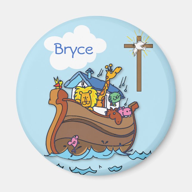 Customisable Noah’s Ark Baby Baptism, Boy Blue Magnet (Front)