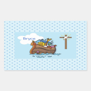 Customisable Noah’s Ark Baby Baptism, Boy Blue Rectangular Sticker