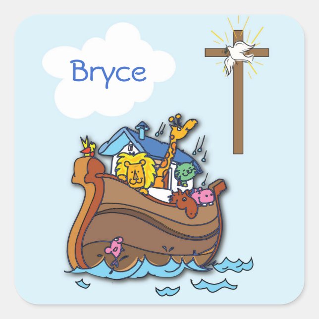 Customisable Noah’s Ark Baby Baptism, Boy Blue Square Sticker (Front)