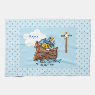 Customisable Noah’s Ark Baby Baptism, Boy Blue Tea Towel