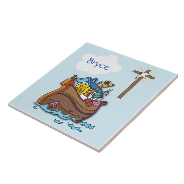 Customisable Noah’s Ark Baby Baptism, Boy Blue Tile (Side)