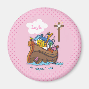 Customisable Noah’s Ark Baby Baptism, Girl Pink Magnet