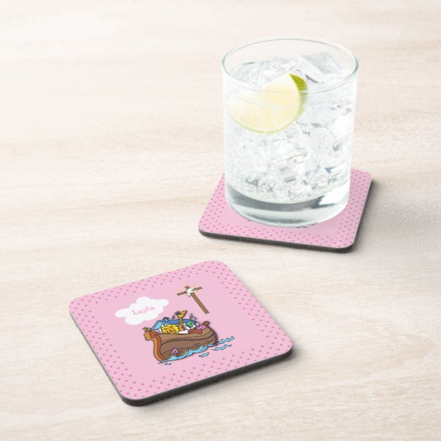 Customisable Noah’s Ark Baptism, Girl Pink Coaster (Right Side)