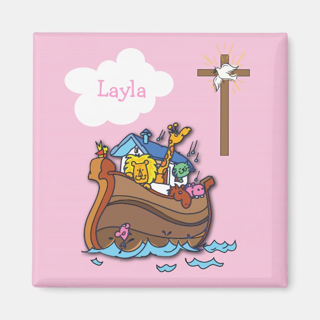 Customisable Noah’s Ark Baptism, Girl Pink Magnet (Front)
