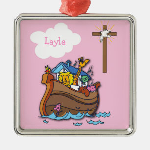Customisable Noah’s Ark Baptism, Girl Pink Metal Tree Decoration