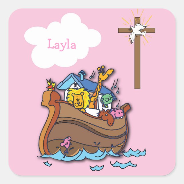 Customisable Noah’s Ark Baptism, Girl Pink Square Sticker (Front)