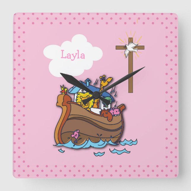 Customisable Noah’s Ark Baptism, Girl Pink Square Wall Clock (Front)