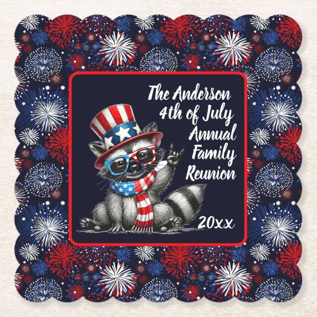 Customisable Patriotic Racoon 4th of July Party  Paper Coaster (Front)