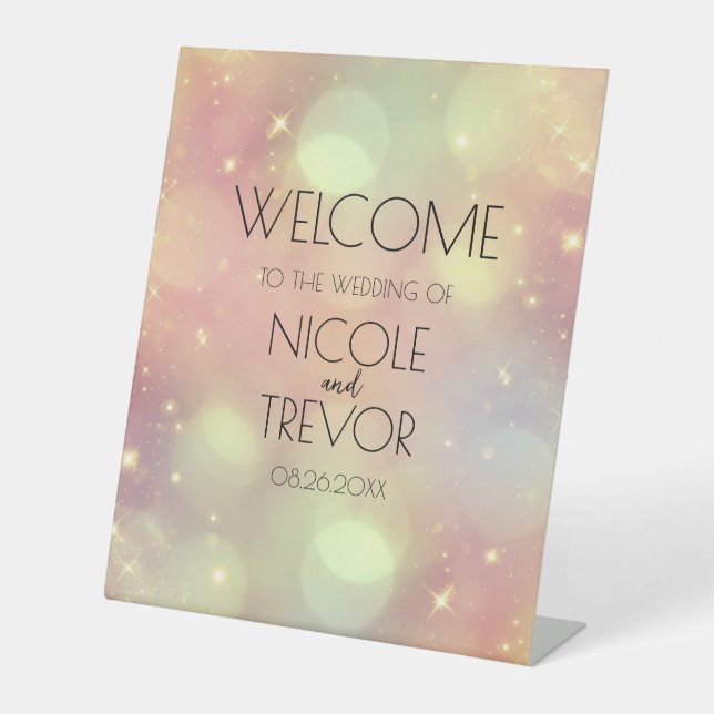 Customisable Peach Sparkle Wedding Welcome Pedestal Sign (Front)