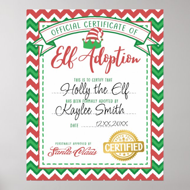Customisable Personalised Elf Adoption Certificate Poster (Front)