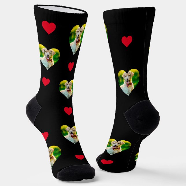 Customisable Pet and Hearts Pattern Black Socks (Angled)
