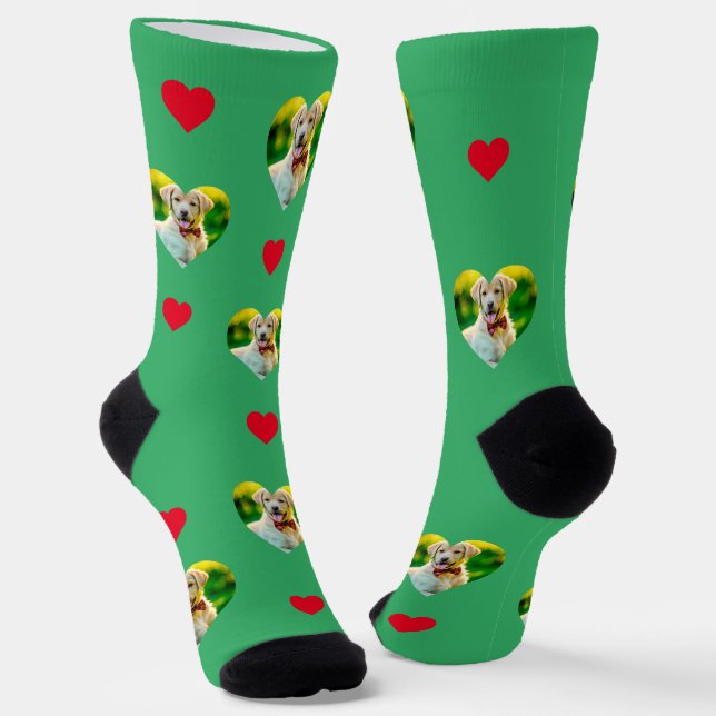Customisable Pet and Hearts Pattern Sea Green Socks (Angled)