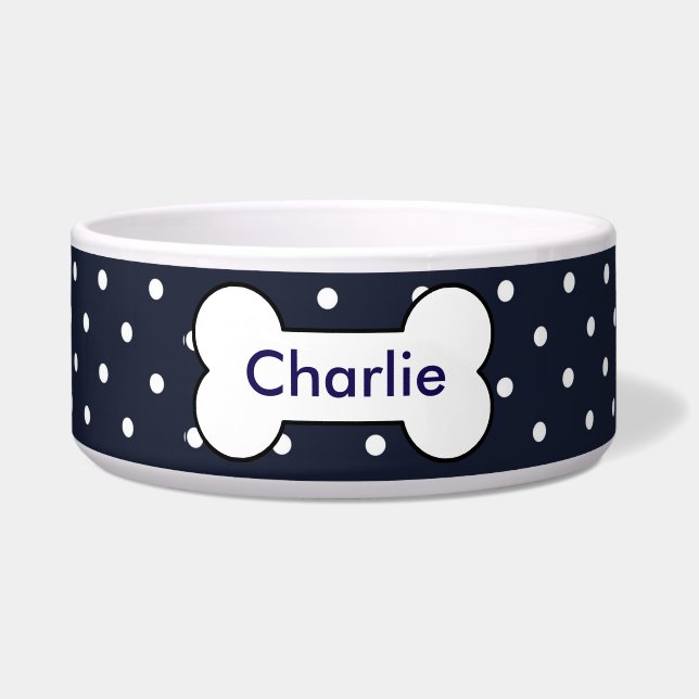 Customisable pet bowl navy blue, white dots, bone (Front)