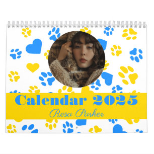 Customisable Photo and Name Paw Blue & Gold  Calendar