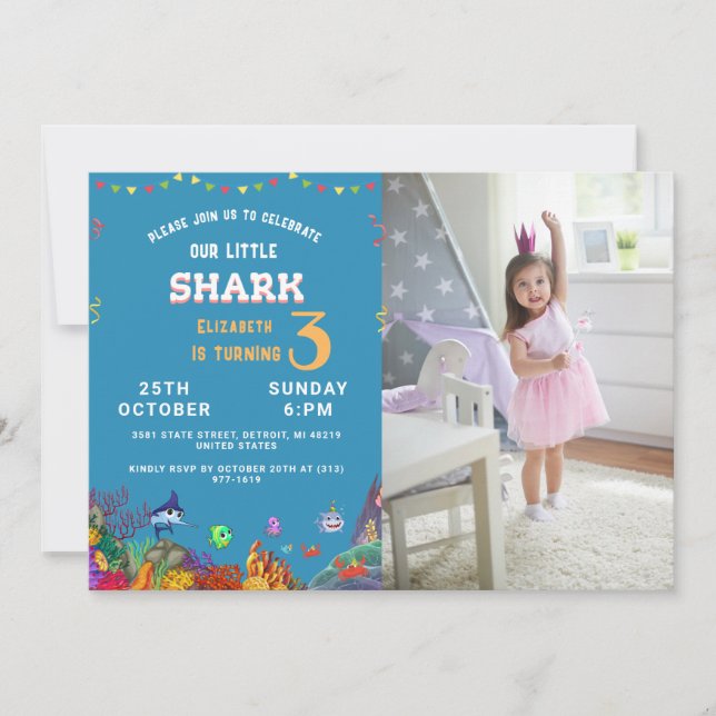Customisable Photo Colourful Little Shark Birthday Invitation (Front)
